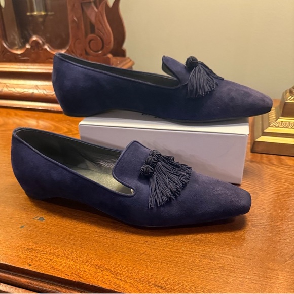 NWOT Stuart Weizmann blue black leather suede tassel loafers Size 9 - Picture 6 of 9
